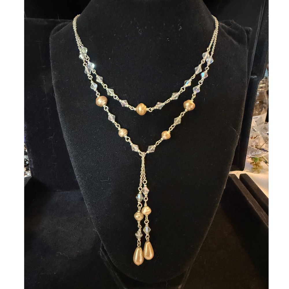 Laura Ashley Silver Tone Faux Pearl Crystal Layered Y-Necklace Champagne Drop